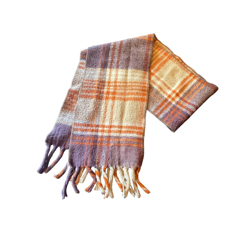 Vintage 1960s Brown Plaid Scarf Muffler Fringed One Size